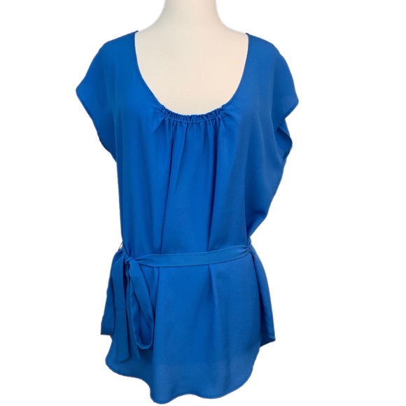 NY & COMPANY Tunic Top Blouse Belted Bohemian Flutter Cap Sleeves Blue Medium - Picture 1 of 8